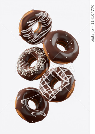 Chocolate glazed donut with sprinkles in motion falling on a white background. Chocolate glazed donut with sprinkles in motion falling on a white background. 114104770