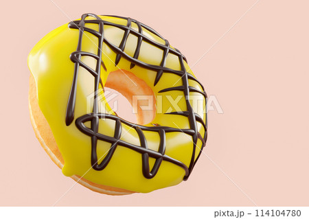 Chocolate glazed donut with sprinkles on a pink background 114104780