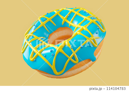 Chocolate glazed donut with sprinkles on a yellow background 114104783