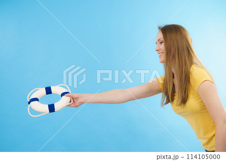 Girl holds life buoy rescue ring Girl holds life buoy rescue ring 114105000