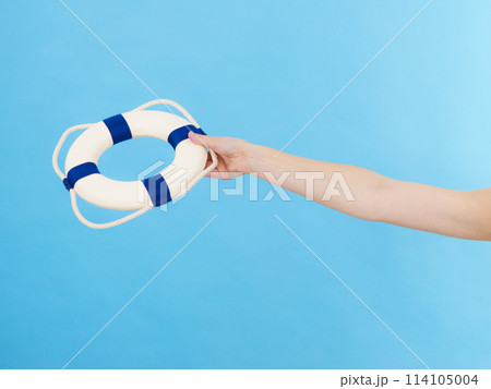 Hand holds life buoy rescue ring Hand holds life buoy rescue ring 114105004