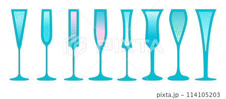 Set champagne glasses. Blue alcohol drink for events. Vector flat illustration 114105203