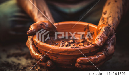 Artisan Shaping Clay on Pottery Wheel 114105891