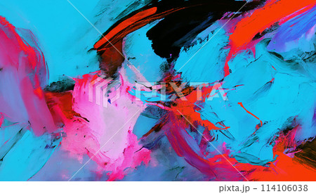 Abstract oil painting, neon red, pink, blue brush strokes background, wallpaper, paint texture, art 114106038