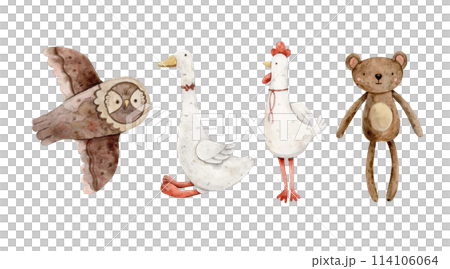 Set of illustrations of different plush toys for babies animals and birds, owl, rooster, bear, goose. Isolated watercolor illustration for cards, stickers, textiles, design, invitations, website Set of illustrations of different plush toys for babies animals and birds, owl, rooster, bear, goose. Isolated watercolor illustration for cards, stickers, textiles, design, invitations, website 114106064