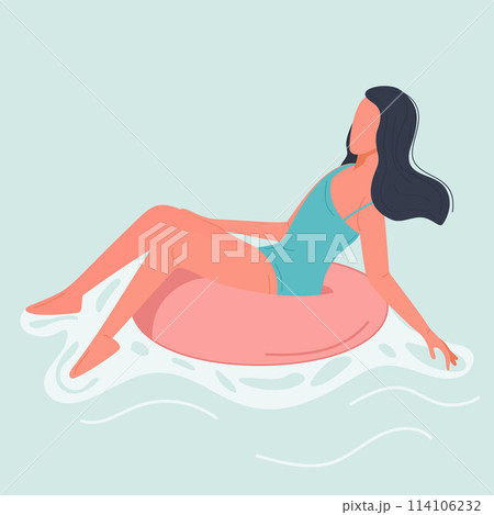 Woman Relaxing on an Inflatable Ring in Serene Blue Water Illustration 114106232