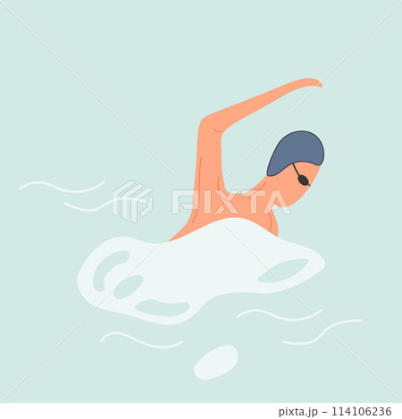 Artistic Illustration of Swimmer in Blue Water with Goggles and Cap 114106236