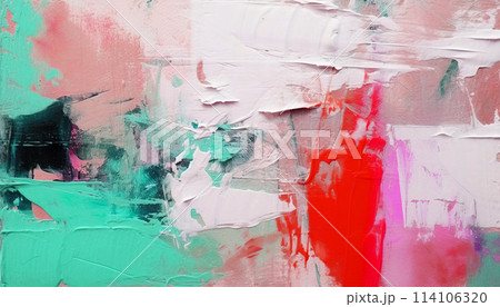 Abstract oil painting with red, pink, green brush strokes, background, wallpaper, paint texture, art 114106320