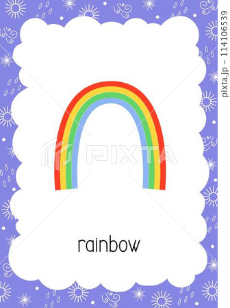 Weather flash card Rainbow topical vocabulary learning printable, educational English worksheet for kids, nursery, kindergarten, pre-school, leisure activity, teacher resources vector illustration 114106539