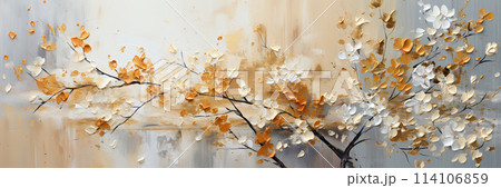 White wild flowers and orange leaves on canvas, texture background, panoramic oil painting with rough brush strokes. Concept of art, paintbrush, nature, cherry, design 114106859