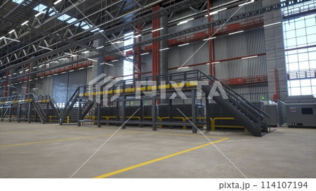 Metallic platforms in facility used for energy efficient warehousing handling distribution and storage needs of businesses, 3D rendering. Empty logistics, supply chain and distribution hub Metallic platforms in facility used for energy efficient warehousing handling distribution and storage needs of businesses, 3D rendering. Empty logistics, supply chain and distribution hub 114107194