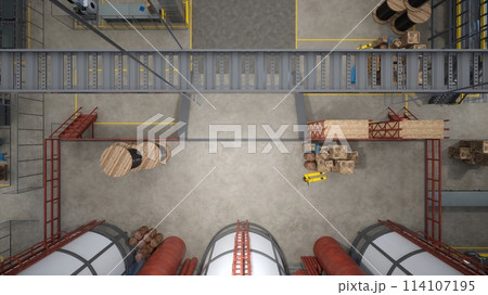 Top down view of industrial warehouse with wooden crates, barrels and jack used for transportation of products. Logistics depot used for goods production and storage, 3D render, aerial drone shot Top down view of industrial warehouse with wooden crates, barrels and jack used for transportation of products. Logistics depot used for goods production and storage, 3D render, aerial drone shot 114107195