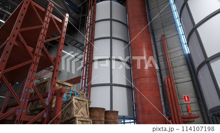 Industrial warehouse with stack of wooden crates and rusted barrels next to metallic shelves. Manufacturing logistics depot with steel structures used for goods storage, 3D rendering 114107198