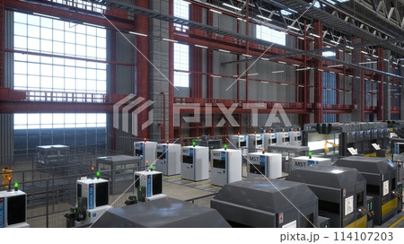 Modern automated logistics depot with machines featuring control panels and screens used for real time adjustments. Rows of computerized equipment units in factory, 3D render Modern automated logistics depot with machines featuring control panels and screens used for real time adjustments. Rows of computerized equipment units in factory, 3D render 114107203