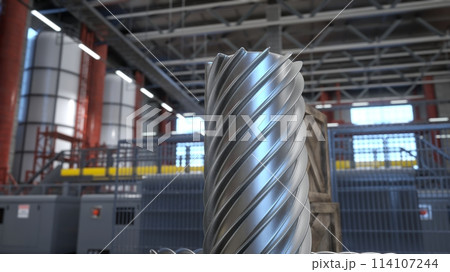 Focus on steel block ready to be processed in industrial factory by heavy machinery units in blurry background. Close up shot of metallic piece ready to be cut in metalworking facility, 3D render 114107244