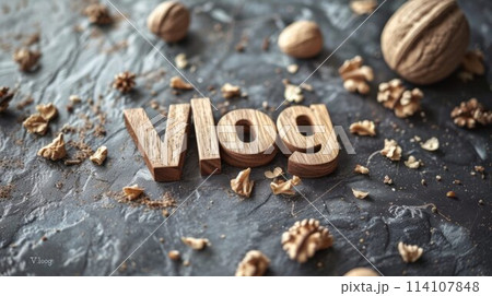 Wooden Walnut Vlog concept creative art poster. Wooden Walnut Vlog concept creative art poster. 114107848