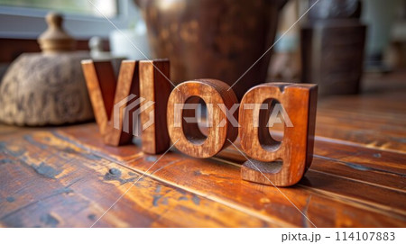 Wooden Mahogany Vlog concept creative art poster. Wooden Mahogany Vlog concept creative art poster. 114107883