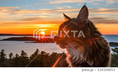 夕焼けに染まる猫 114108051