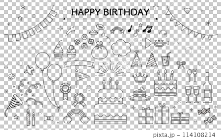 Birthday set, simple, ribbon, pop, decoration, variation, line drawing, cute, black and white, birthday Birthday set, simple, ribbon, pop, decoration, variation, line drawing, cute, black and white, birthday 114108214