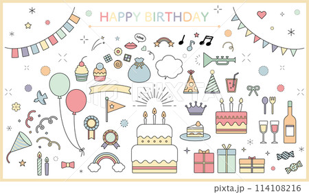 バースデー　セット　シンプル　リボン　ポップ　装飾　バリエーション　線画　かわいい　白黒　お誕生日 114108216