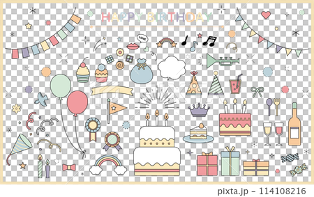 バースデー　セット　シンプル　リボン　ポップ　装飾　バリエーション　線画　かわいい　白黒　お誕生日 114108216