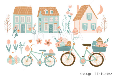 Happy Easter greeting card with houses bicycles eggs and spring flowers pastel colors holiday celebration card 114108562