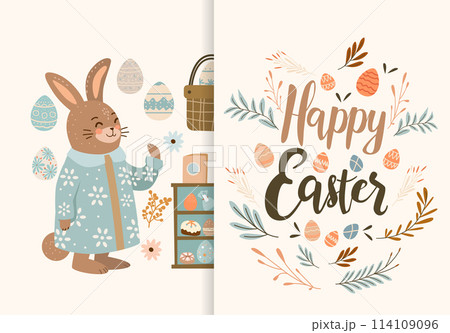 Happy Easter greeting card elements collection with eggs in pastel colors spring holiday celebration card Happy Easter greeting card elements collection with eggs in pastel colors spring holiday celebration card 114109096