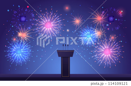 brightly colorful fireworks and stage stand or debate podium rostrum with microphones USA presidential election concept 114109121