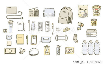 地震や災害時の防災グッズのイラストレーションセット 地震や災害時の防災グッズのイラストレーションセット 114109476