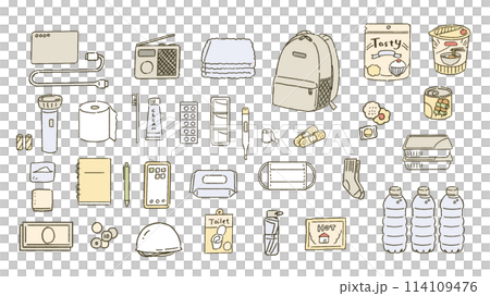 Illustration set of disaster prevention goods for earthquakes and disasters 114109476