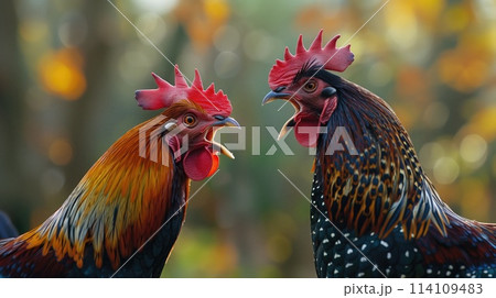 Two Phasianidae roosters with open beaks yelling ai each other 114109483
