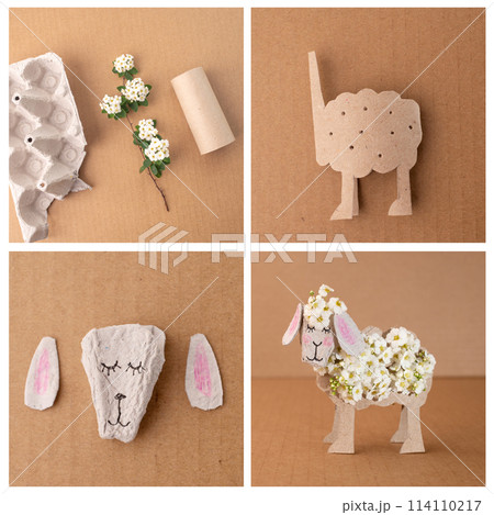 a sheep made out of toilet paper rolls, egg carton box, craft made of recycled cardboard, a sheep made out of toilet paper rolls, egg carton box, craft made of recycled cardboard, 114110217