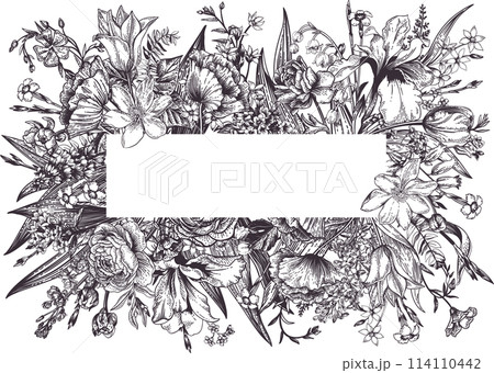 Floral frame. Card with place for text. Horizontal. Black drawing. Ranunculus, forest anemone, iris, carnation, flax, forget-me-not, lilac, levkoy. Floral frame. Card with place for text. Horizontal. Black drawing. Ranunculus, forest anemone, iris, carnation, flax, forget-me-not, lilac, levkoy. 114110442