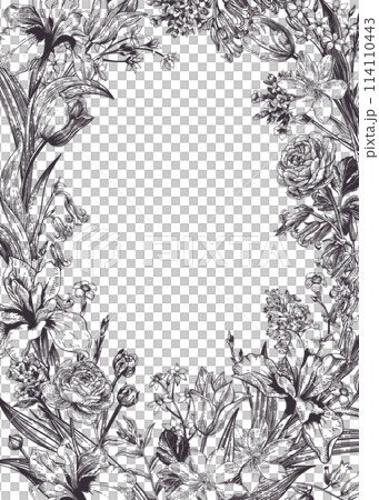 Floral frame with spring plants. Graphic natural background. Black drawing. 114110443