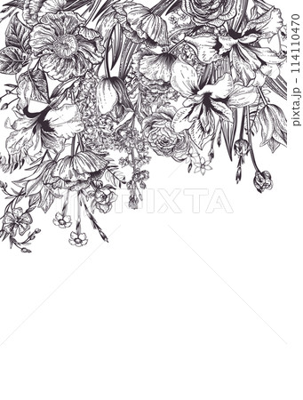 Invitation card with flowers and herbs. Botanical vintage illustration. Spring and summer plants. Black outline. 114110470