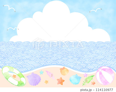 和模様入り夏の砂浜の水彩風背景フレーム 114110977