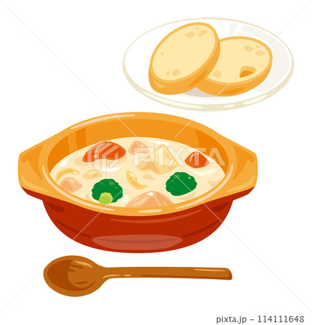 皿に盛られたクリームシチューとバゲット 114111648