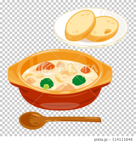 皿に盛られたクリームシチューとバゲット 114111648