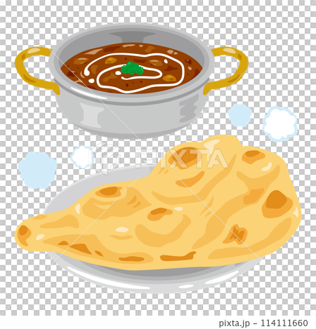 咖哩肉醬和烤餅放在盤子上 114111660