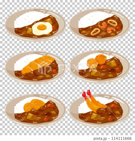 咖哩飯搭配各種配料放在盤子上 114111666