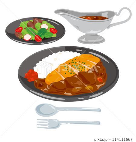 皿に盛られたカツカレーライスとサラダのセット 114111667