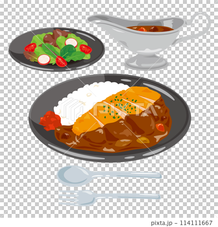 皿に盛られたカツカレーライスとサラダのセット 114111667