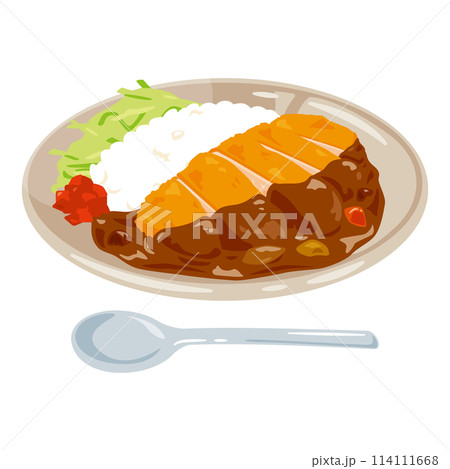 皿に盛られたカツカレーライス 114111668