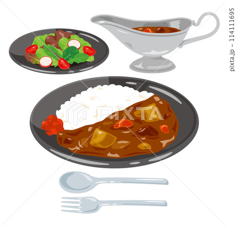 皿に盛られたカレーライスとサラダのセット 114111695
