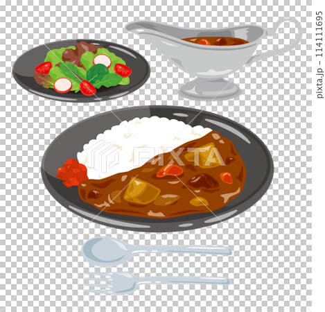 皿に盛られたカレーライスとサラダのセット 114111695
