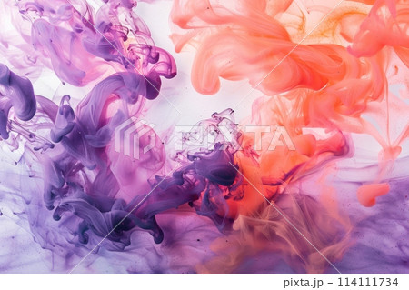 Abstract waves of orange and purple ink captured in motion, creating a soft, flowing watercolor effect. 114111734
