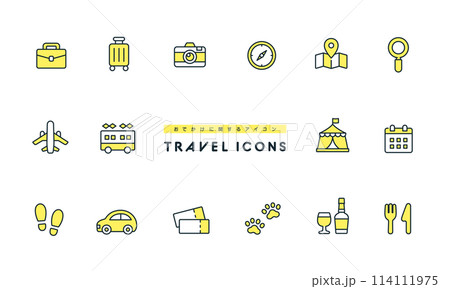 おでかけに関するイラスト。シンプルでかわいい旅行のベクターアイコンセット。 おでかけに関するイラスト。シンプルでかわいい旅行のベクターアイコンセット。 114111975
