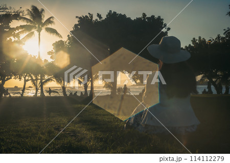 ハワイ、ホノルルのマジックアイランドの夕景 ハワイ、ホノルルのマジックアイランドの夕景 114112279