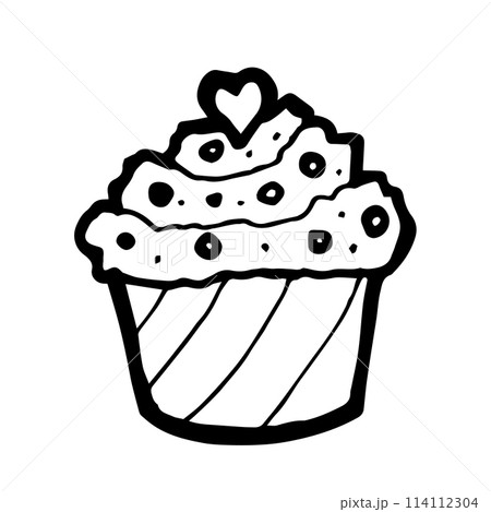 Cupcake, a digital art of strawberry muffin cup cake hand drawn icon illustration isolated on white background. 114112304