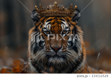 Portrait of a beautiful tiger with a crown 114112529